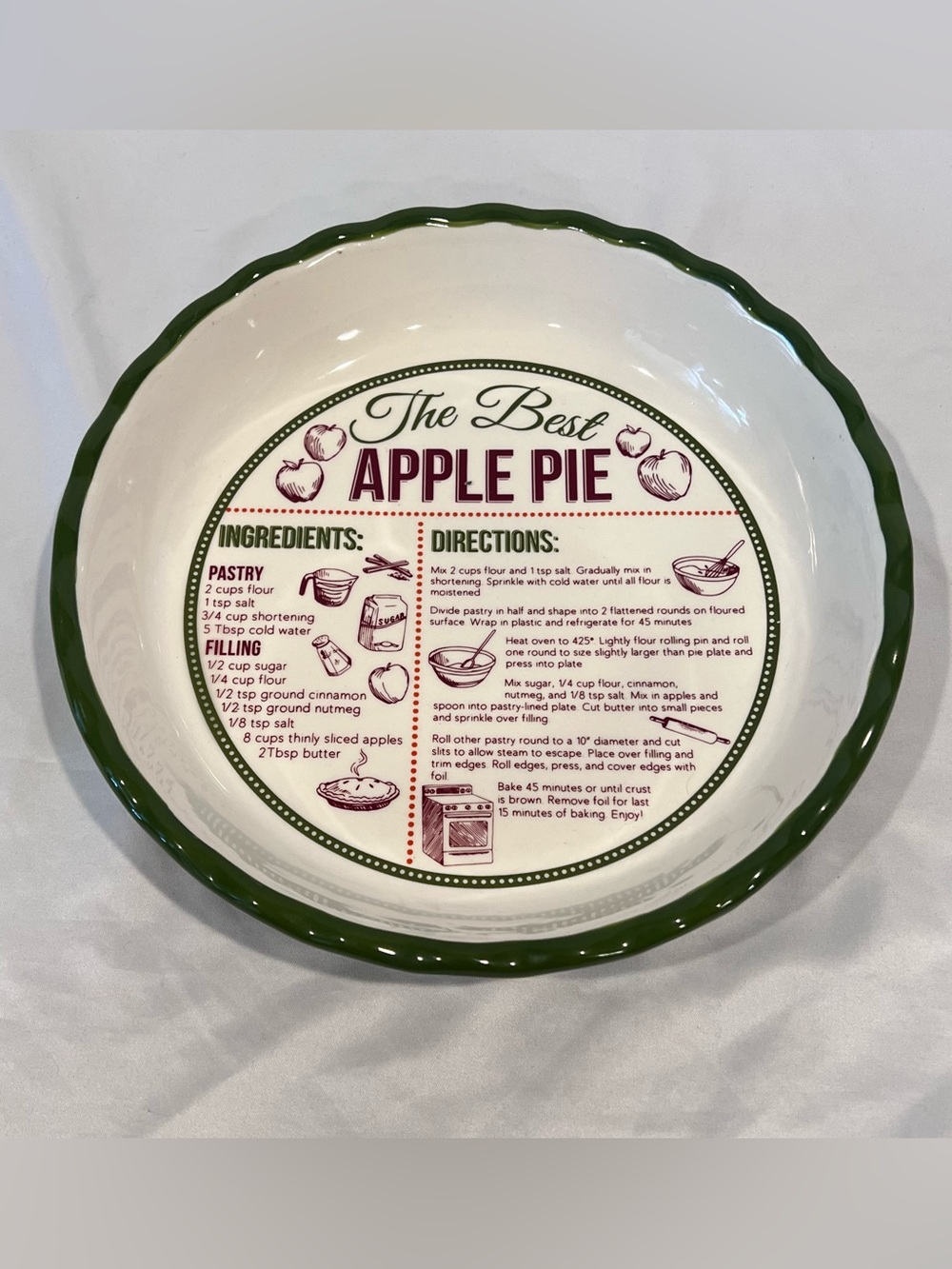 DEI Apple Pie Recipe Ceramic Pie Plate Green Scalloped Cottagecore Kitchen
